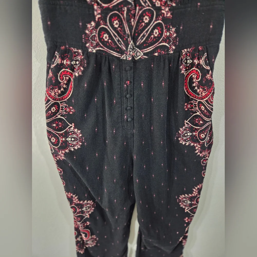 FREE PEOPLE Paisley Boho Plunge Neck Button Front Relaxed Cropped Leg Jumpsuit